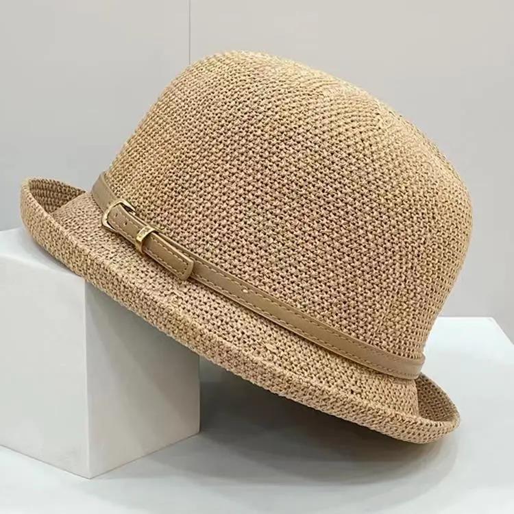 WTEMPO Hollow-out Summer Wide Brim Outdoor Travel Beach Hats Women Solid Color Casual Versatile Breathable Sun Hats with Belt