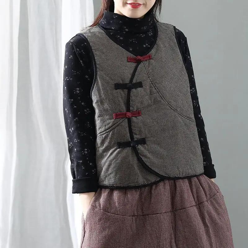 Women's Autumn Winter Chinese Style Frog Button Plaid Vest Retro Loose Sleeveless Waistcoat