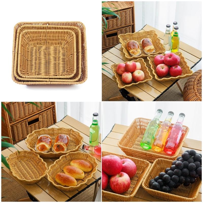 Woven Design Snacks Serving Tray PP Plastic Imitation Rattan Fruit Basket For Living Room Coffee Table Candy Display