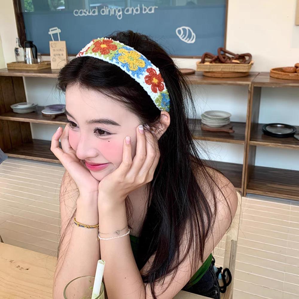 Hollow Out Embroidered Crochet Headband Colorful Wide Edge Headband Floral Knitted Hairband Gift