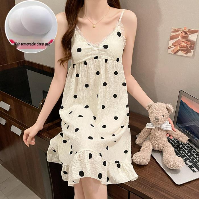 Summer V-Neck Nightdress with Chest Pads - Sexy Bubble Cotton Spaghetti Strap Style: Loose Fit Homewear for Women