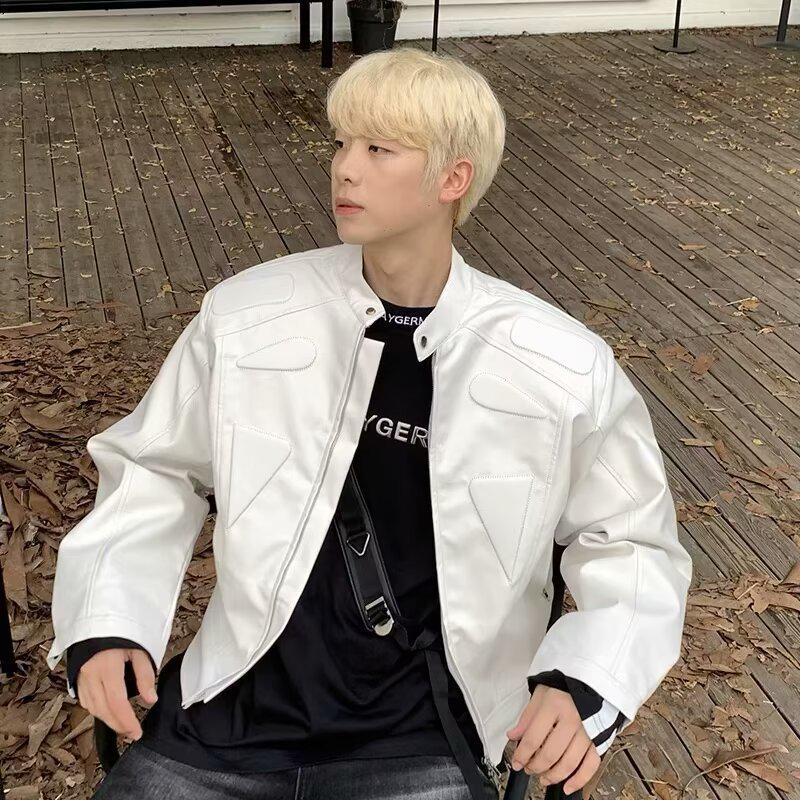 Men's High-Street Deconstructed Leather Jacket with Shoulder Pads - Cool Autumn Motorcycle Design