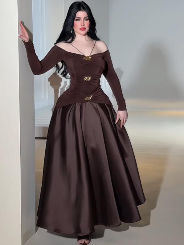 2025 Autumn European & American One-Shoulder Solid Color Long Dress for Women