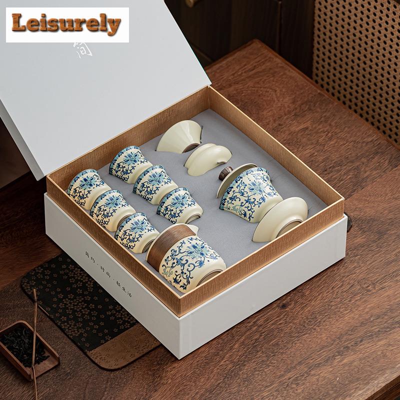 Chiński Piec Ru Niebiesko-Biały Ceramiczny Zestaw do Herbaty Wykwintne Zaparzacze do Herbaty Klit Kung Fu Filiżanka do Herbaty Przenośny Czajniczek Gaiwan Filiżanki do Herbaty Prezenty