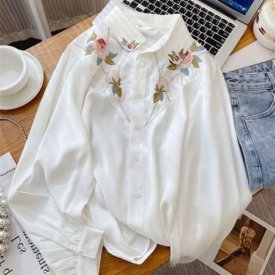 Women Rose Embroidered Solid Color Shirts Fashionable Lady Lapel Long Sleeved Shirt Autumn Woman Single Breasted Tops