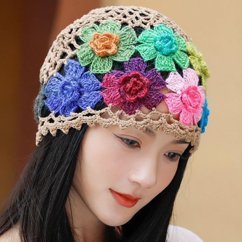 Cotton Crochet Brimless Hat With HollowOut Flower Design Summer Vacation Casual Skull Cap For Women Everyday Wear