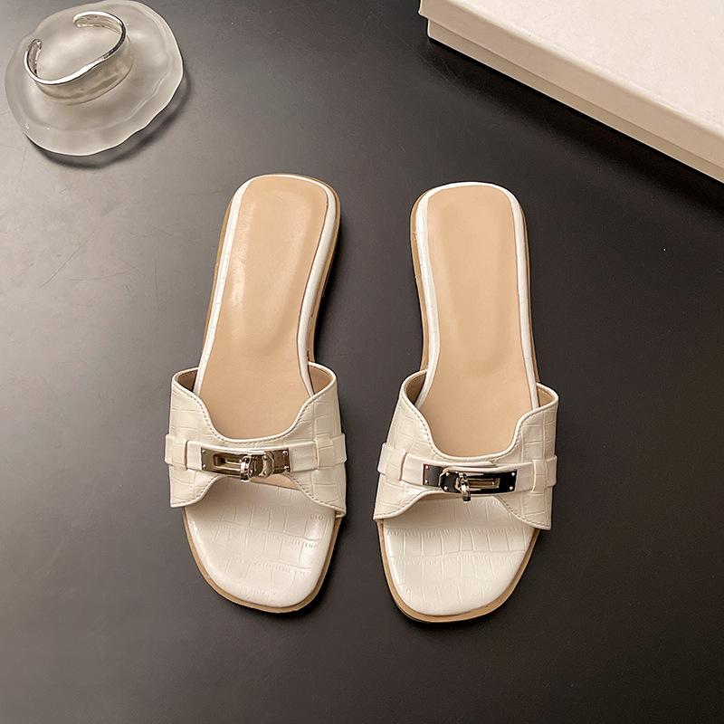 High-end Crocodile Pattern White High-heeled Cool Slippers Women's 2025 Spring and Summer Open-toed Small Gold Buckle One-word Thick-heeled Sandals