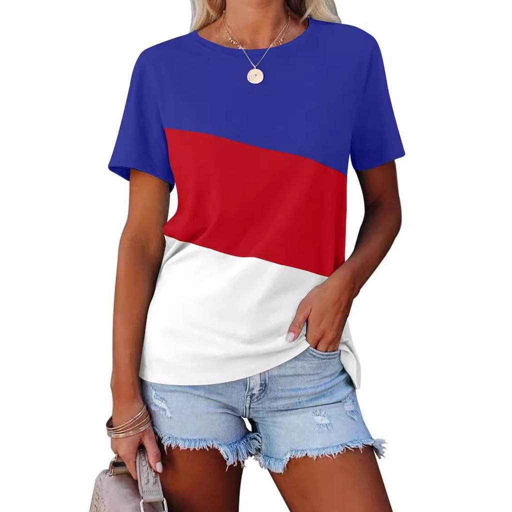 Women's Summer Color Matching Top Casual Short Sleeve Crew Neck T-Shirt