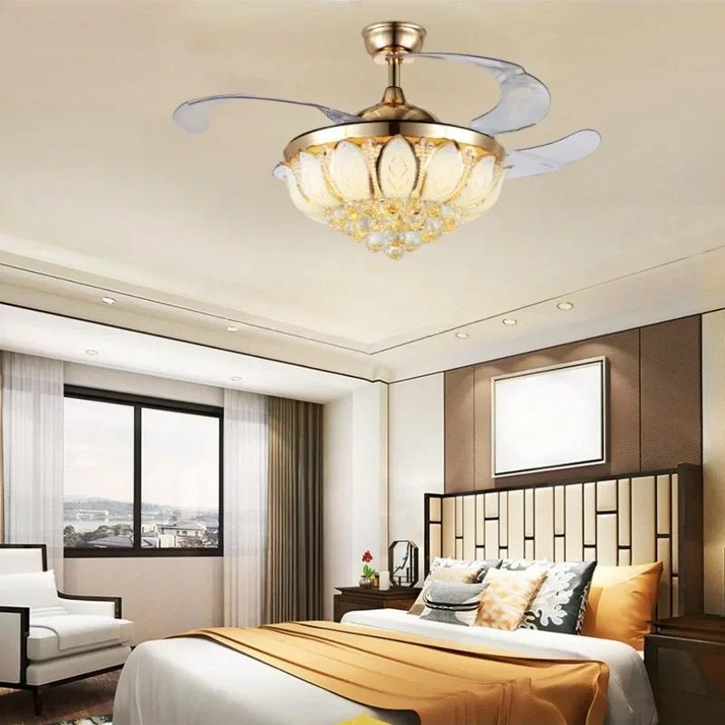 Luxury Gold Crystal Ceiling Fan With Lights 42 Inch Remote Control 110V 220 V Ceiling Fan Nordic Design Chandeliers Fans Lamp