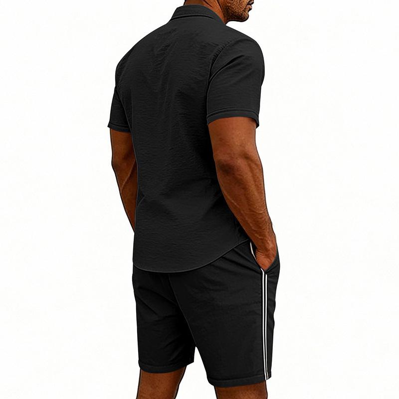 Men's Summer Plain Short Sleeve Shirt & Zipper Shorts Set
