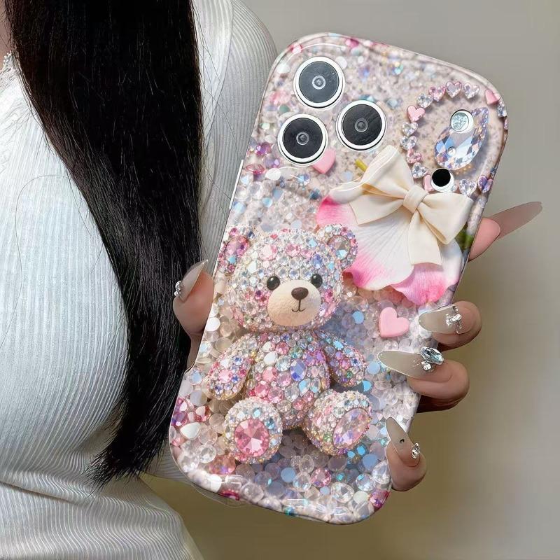 Cute Glittering Rhinestone Bear 2D Pattern Phone Case For iPhone 11 12 13 14 15 16 17 Pro Max 16e 17e 15 14 Plus Wavy-edge Cover