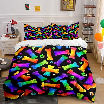 Rainbow Dog Bones Pattern Bedding Duvet Cover Set Duvet Cover Pillowcases  (1*Duvet Cover 2*Pillowcases, Without Duvet Insert)