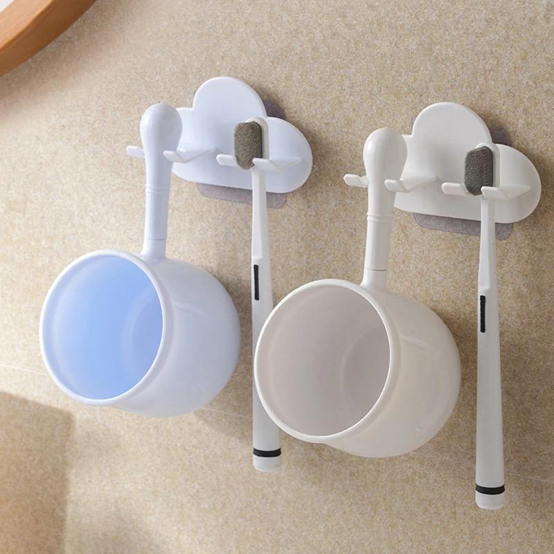 Home Brushing Cup Simple Mouthwash Couple Cup Straight Handle Punch-free Toothbrush Cup Holder Wall Mount Toothbrush Holder