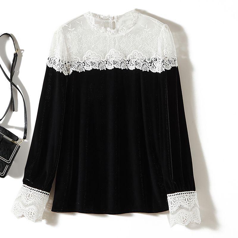 High Quality Required! White Floral Lace Patchwork Long Sleeves Pleuche Shirt Women's Spring Fall and Winter Bottoming Shirt