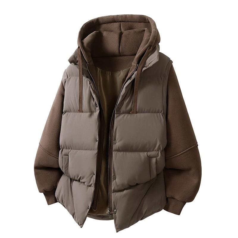 Mens Winter Puffer Jacket Faux Two-Piece Thick Hooded Loose Cotton Coat Teens