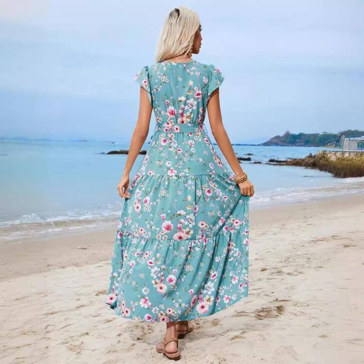 Bohemian Summer Beach Casual Vacation Floral Print Sleeveless V Neck A Line High Waist Lace Up Ankle Length Women Dress