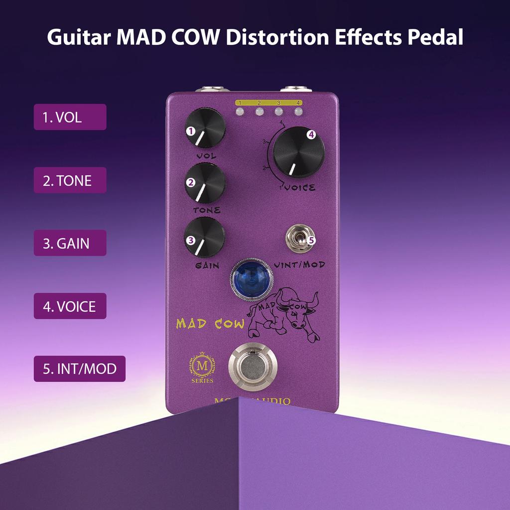 MOSKYAUDIO MAD COW Guitar Distortion Effects Pedal GAIN/VOL/TONE/VINT/MOD/4-Mode Knob DC 9V 6.35mm