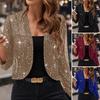Women Sparkly Cardigan Coat 3/4 Sleeve Open Front Sequin Tops Sexy Golden Bling Coat Casual Holiday Party Outfit