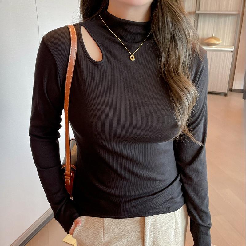 Damen Geripptes Hollow Out Baselayer Oberteil Slim Fit Langarm Unterwäsche mit Einzigartigem Designgefühl für Herbst und Winter