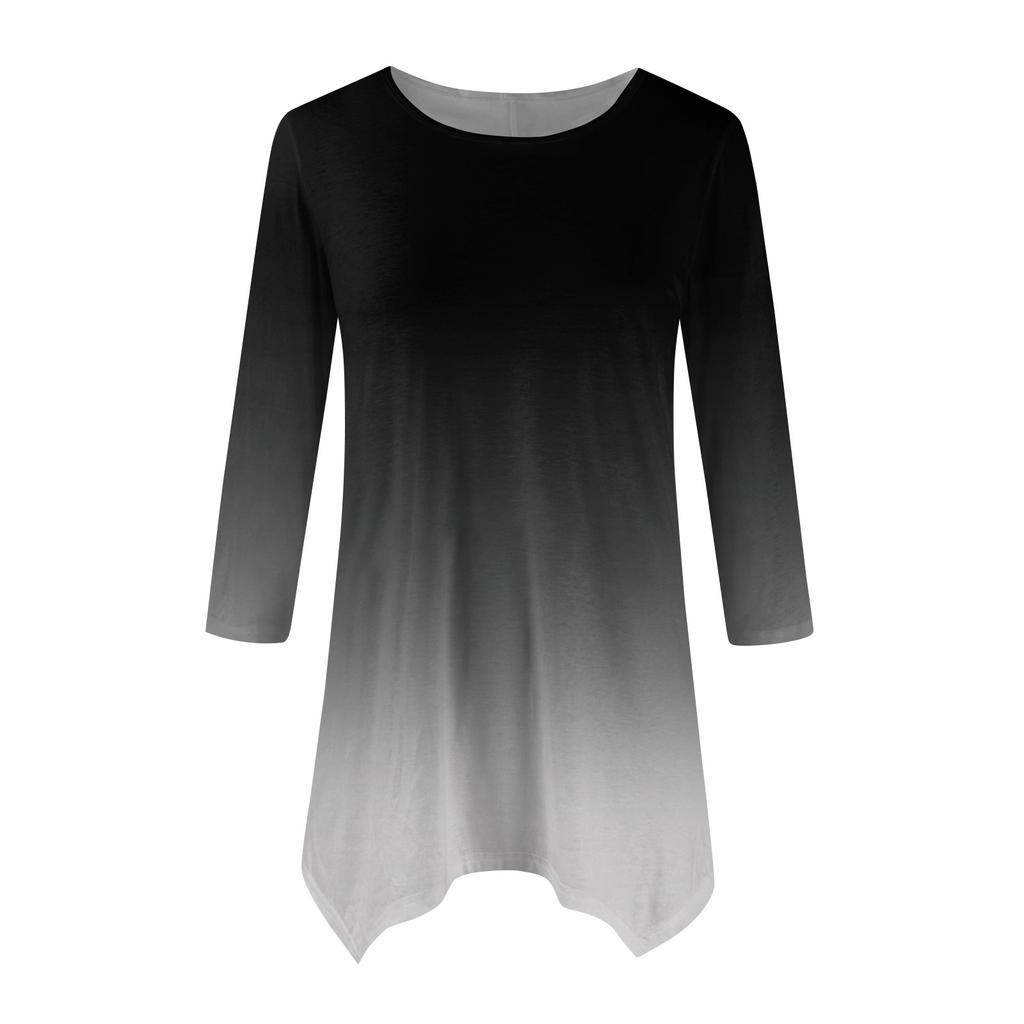 Women's Fashion Casual Crew-neck Gradual Print Seven-point Sleeve Shirt Belted Loose Comfortable Top