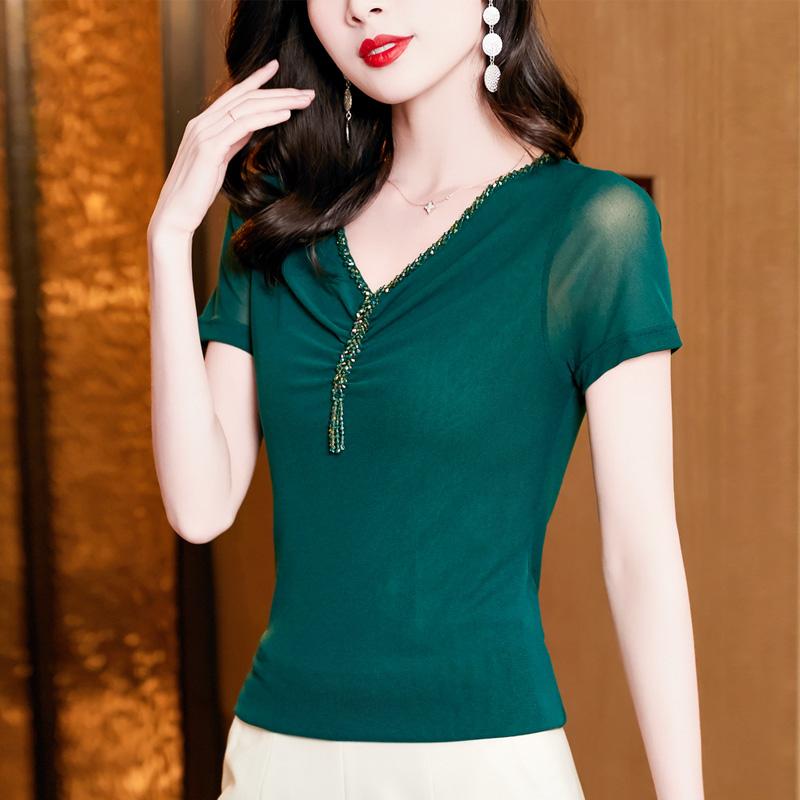 Women's Beading V-neck Solid Slim T-shirt Summer Fashion Summer Mesh Tops Female Short Sleeve Streetwear Tees