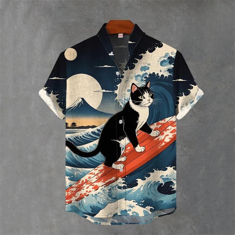 Japanese Animal Graphic Men's Shirt Summer Casual Short Sleeve Tops Hawaiian Tiger Shirts Men Oversized Lapel Button T-Shirt Man