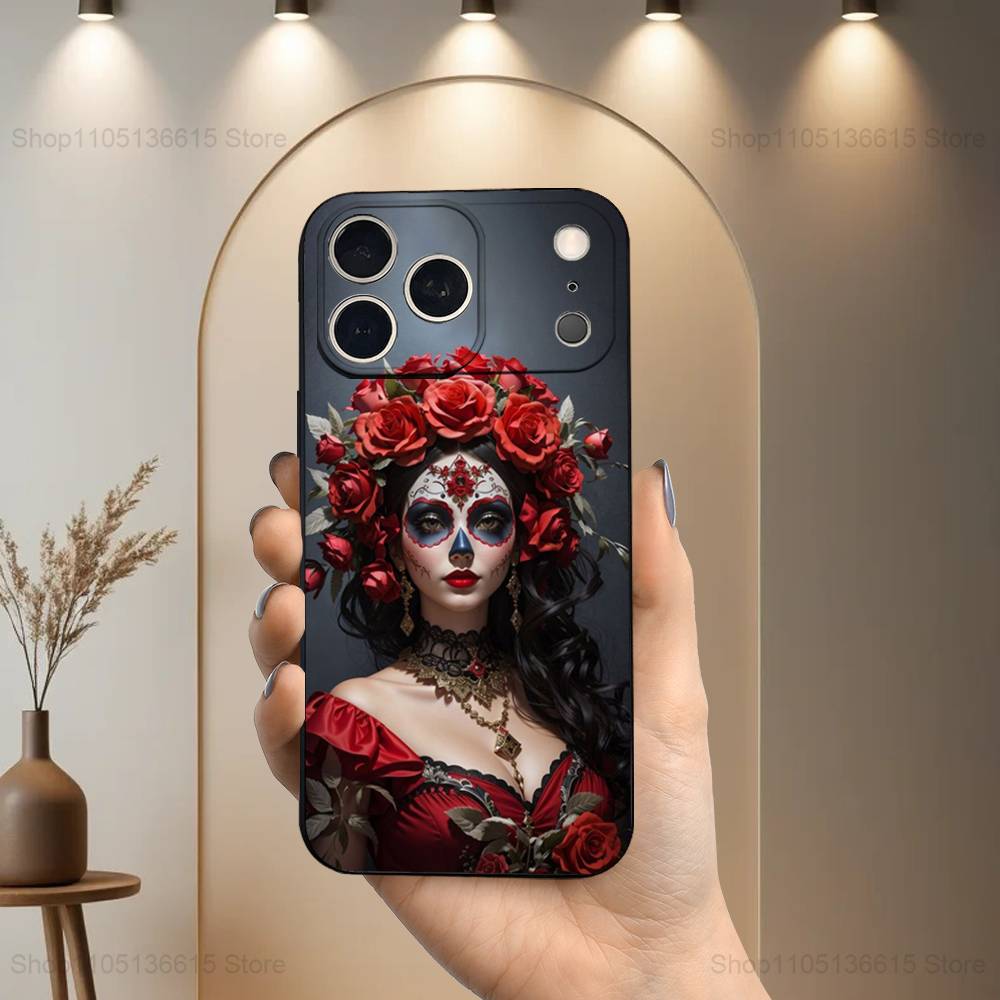 Catrina Skull Girl Mexican Case For iPhone 12,14,15,16,17,13,11,X,Mini,Plus,Pro Max,8,7,XR,SE,XS,Soft Silicone Black