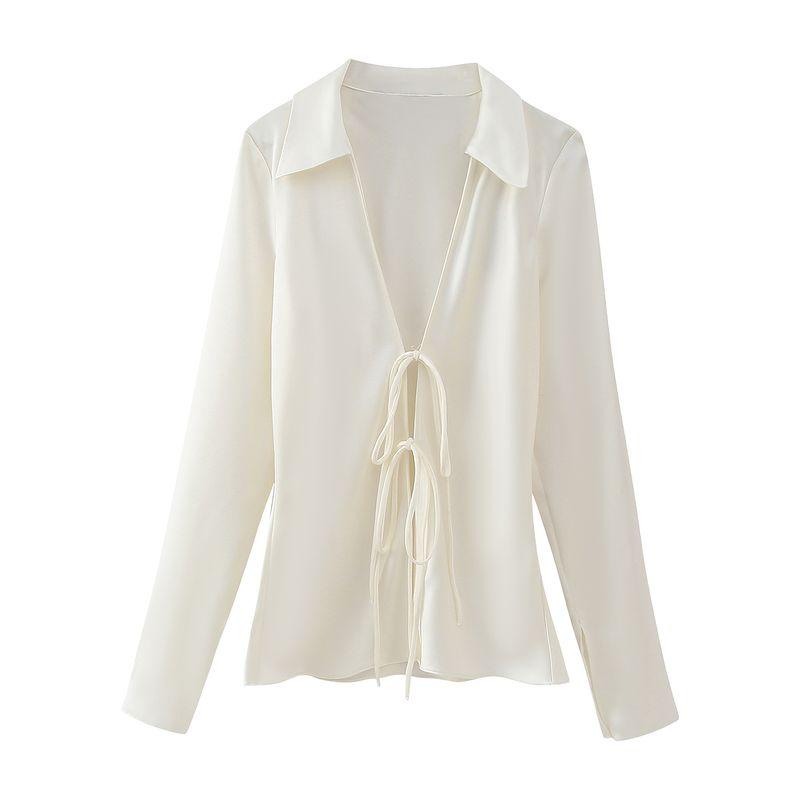 

Kaslead Женская одежда Мода Шелковистая атласная текстура Банты Milky White L