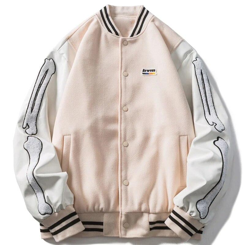 

Furry Bone Embroidery Varsity Jacket Mens Simple Hip Hop PU Leather Stitching Bomber Jackets Couple Retro Black Baseball Uniform