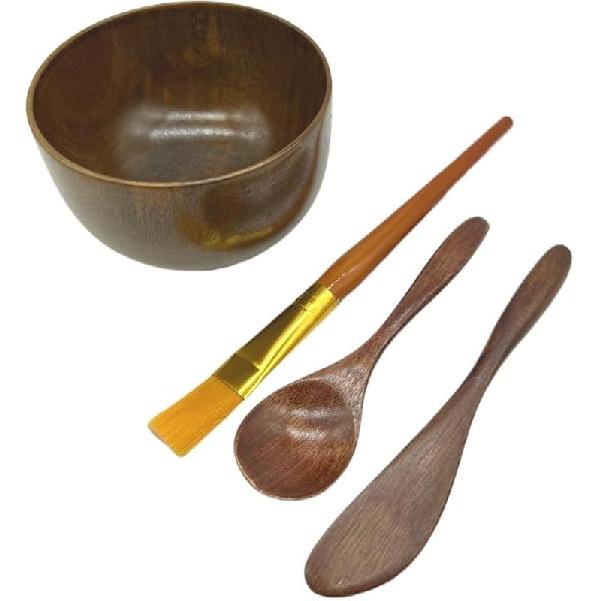 Face Mask Mixing Bowl Set Brown Wood,4 Pack Diy Facial Tools For Skin Care,Facemask Mixing Tool Kit With Facial Mask Bowl,Spatula,Spoon,Brush