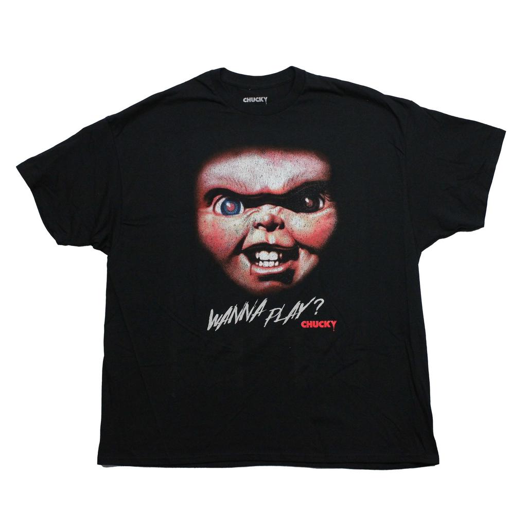 Chucky Child's Play New Adult T-Shirt - Giant Distressed Chucky Face Over Wanna