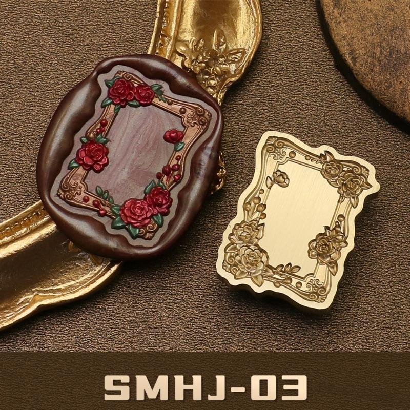 Antique Solid Brass Wax Seal Stamp Head Engraved Embossing Tool Seal Flower Frame for Handmade Letters Gift Wrapping