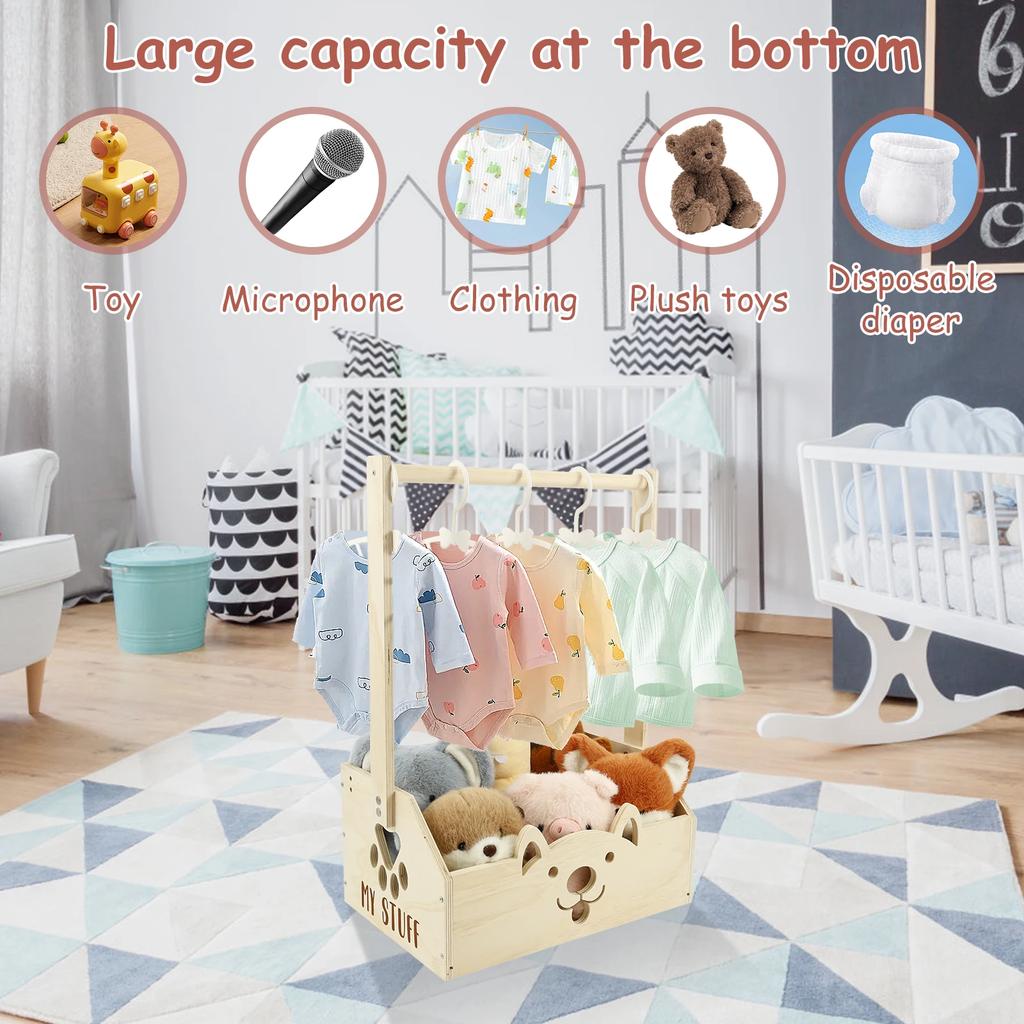 Wood Baby Shower Basket Baby Toys Storage Crate with Hangers and Handle Multipurpose Gift Basket for Boys Girls New Parents