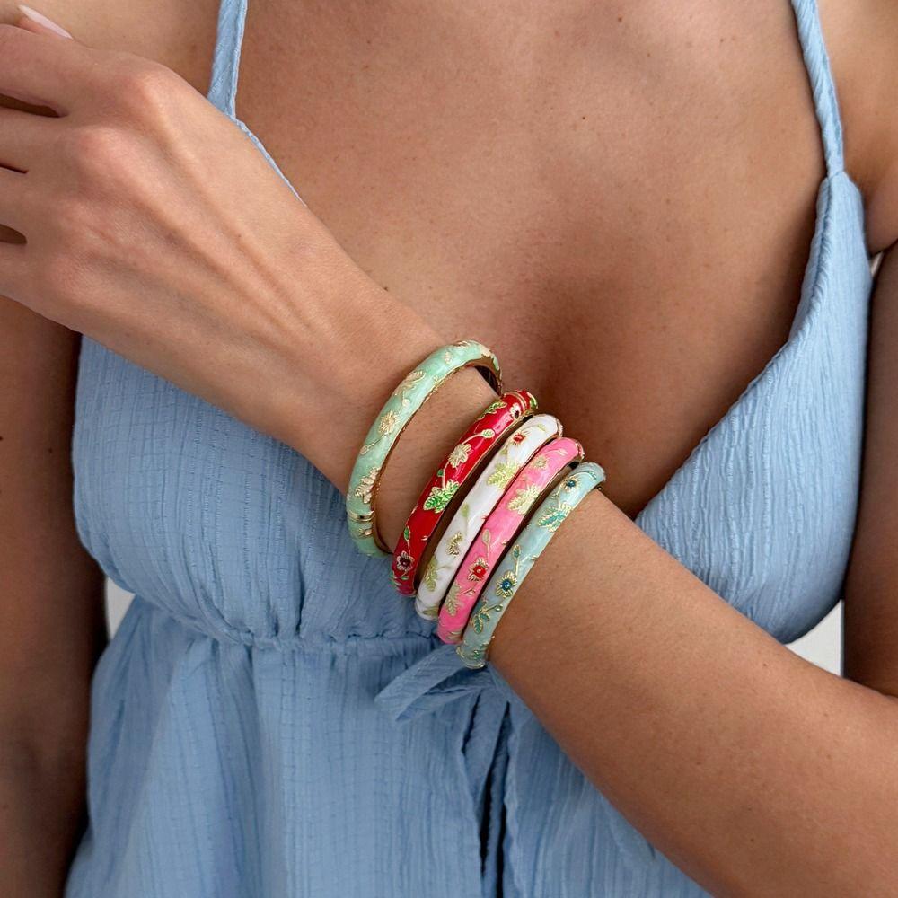 Traditional Enamel Flower Bangle Colorful Glazed Bangle Women's Hand Bracelet  Gold Jewelry
