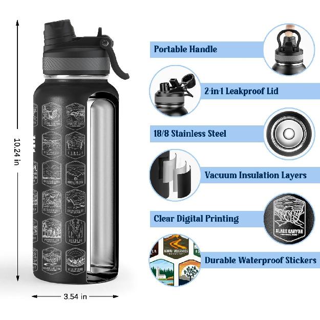 

Бутылка для воды Nefeeko 32 унции «Национальные парки» - Изолированная бутылка для приключений с водонепроницаемыми наклейками | Герметичная крышка и двойная соломинка/носик | Список желаний США чёрный