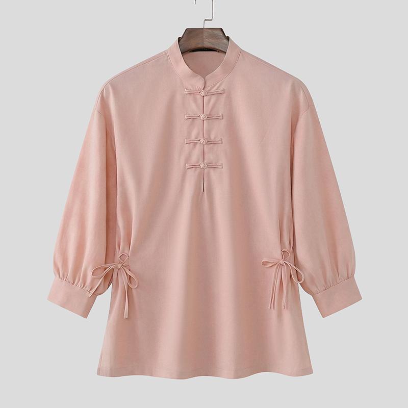 

INCERUN Vintage Summer Men 3/4 Sleeve Traditional Style Buttons Loose Casual Shirts 4XL рожевий