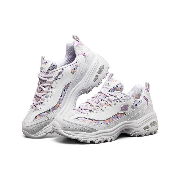 Skechers DLites 1.0 Tissu Cuir Synthétique Confortable Polyvalent Basse Tige Chaussures de Papa Baskets Femme Blanc Violet 11981-WLV