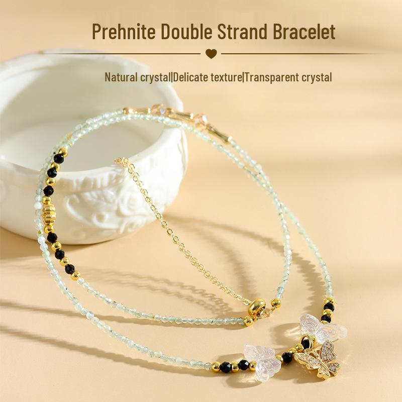 

Natural Prehnite Butterfly Bracelet - Double-Wrap Light Luxury Rice Bead Women s Style