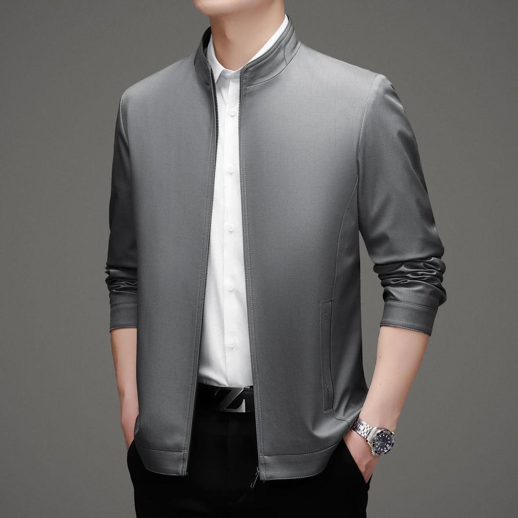 Men's Mulberry Silk Jacket: Middle-aged Casual Thin Top, Spring/Autumn, Loose Stand Collar for Elderly Fathers