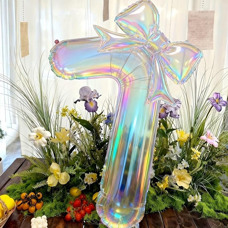 Large Iridescent Transparent Number-Shaped Foil Balloons with 24-Inch Iridescent Bow Decorations Suitable for Birthdays
