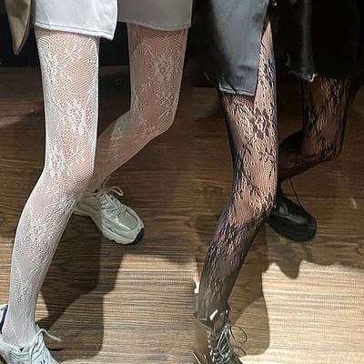 Lolita Sweet Girls Punk Style Floral Tights Colorful Thigh High Stockings Lingerie Women Sexy Hollow Out Mesh Fishnet Pantyhose