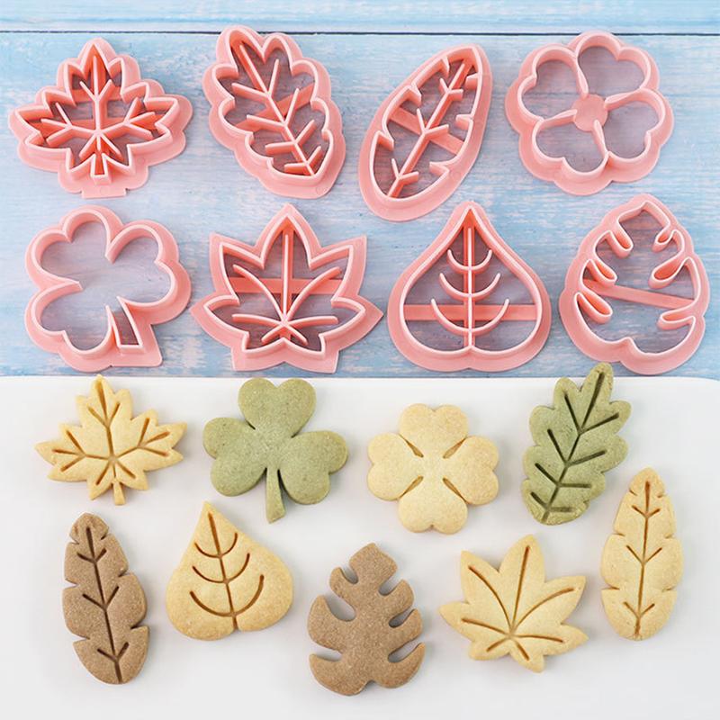 8 Pieces Cute Leaves Cookie Cutters For Baking Cookie Mould Press Leaves Cookie Mould Set Kitchen Tools Plastic Cookie Stamps