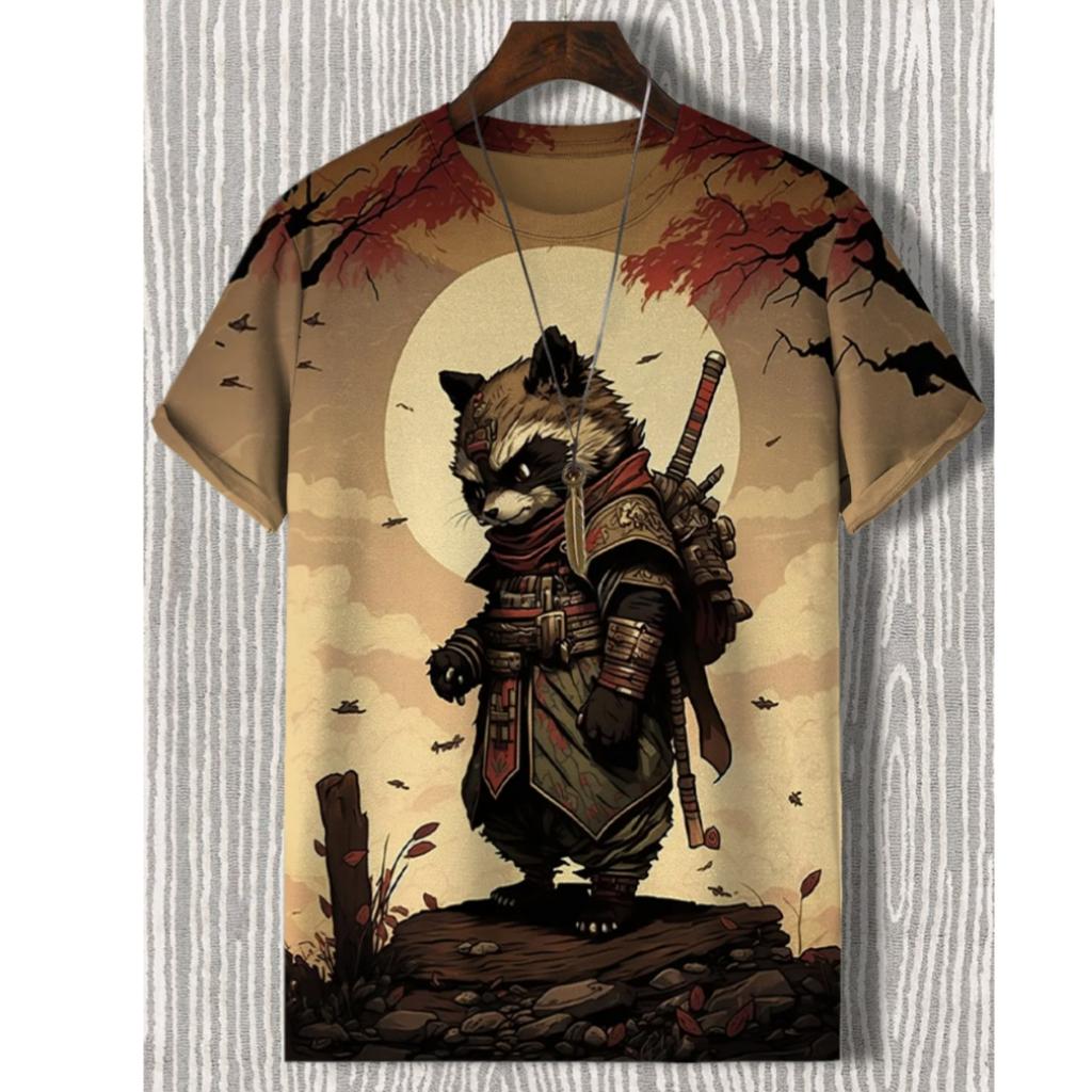 Men's T-Shirt Japanese Style Samurai Cat Graphic 3D Printed T-Shirt Casual Short Sleeved Tee Outdoor Oversized Men Clothing Tops