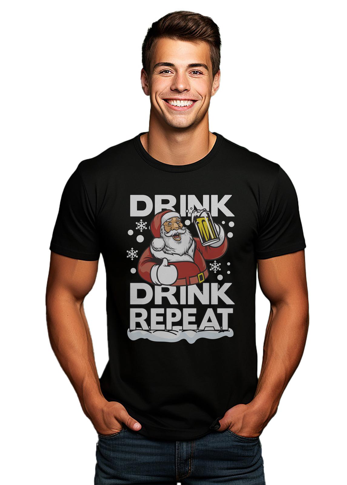 PrintBar Drink Drink Repeat Santa t-shirt and Festive cotton Funn XL