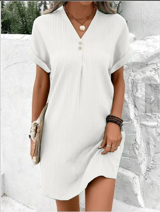 2023 V-Neck Solid Color Casual Button Dress for Women - Comfortable and Fashionable