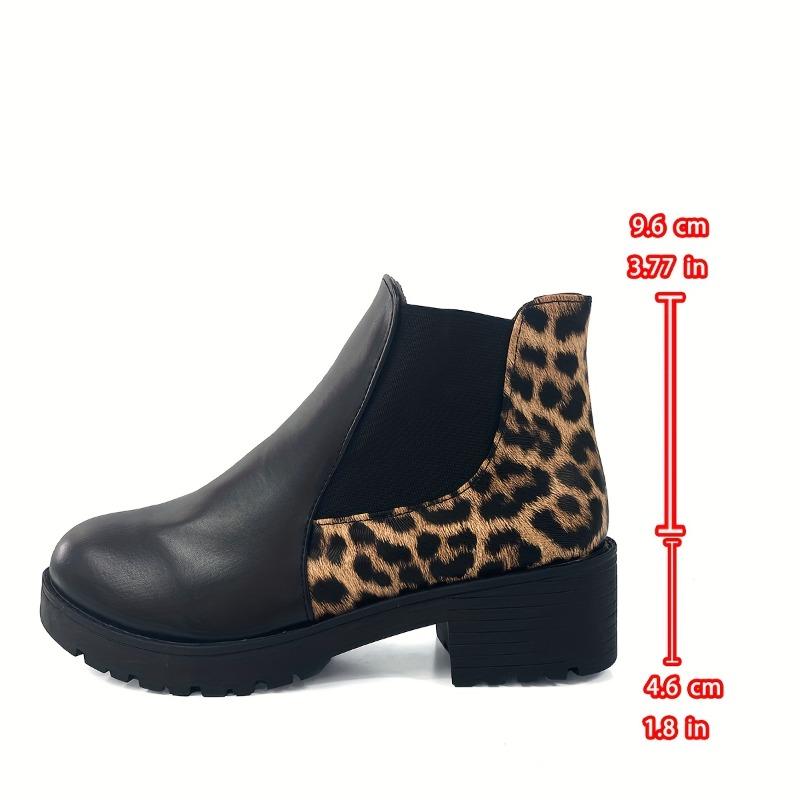 Women's Leopard Print Chunky Heel Chelsea Ankle Boots Slip-On Round Toe Non-Slip Rubber Sole All-Season Casual Black & Tan