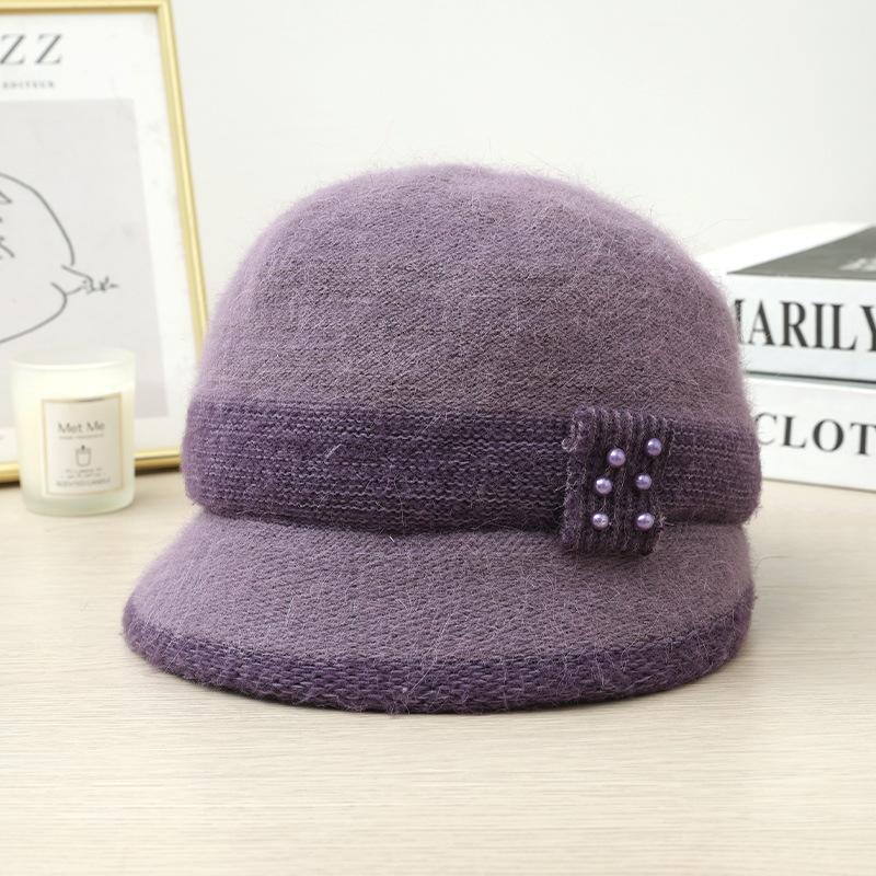 Autumn and Winter Middle Aged and Elderly Hats for Women  Pearl Ribbon and Velvet Rabbit Hair Equestrian Hat  Cold Proof and Warm Knitted Scarf Set