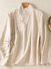 V-Neck Lace-Up Loose Slimming Chinese Style Cotton Linen Long-Sleeve Top for Spring/Summer