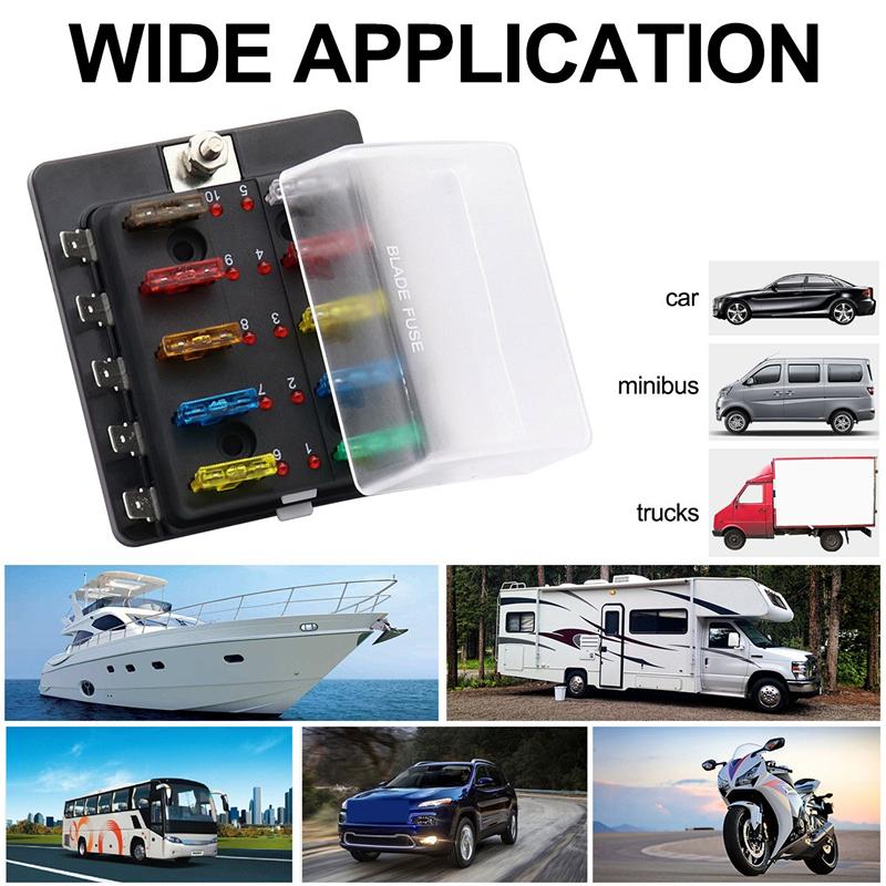 12V 10 Way Fuse Holder W/ LED Indicator Light For Car Yacht Marine