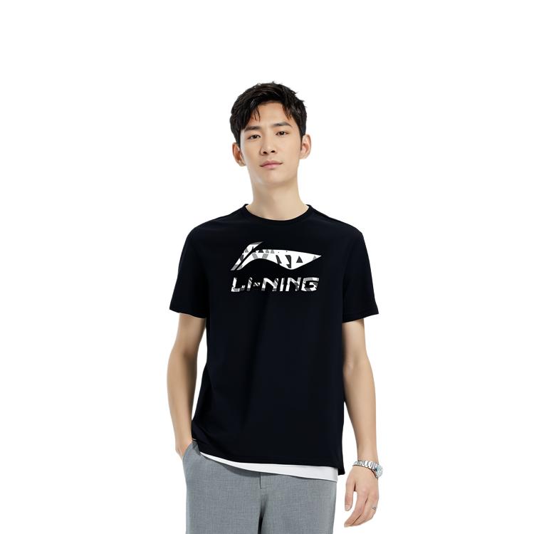 Li Ning Logo Print Solid Color Round Neck Short Sleeve T-Shirt Men Tops Black YHST177-1